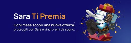 Banner promozionale su sfondo blu con confezioni regalo e testo in italiano “Sarà Ti Premia” che annuncia una nuova offerta.