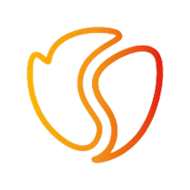 Logo astratto curvo arancione e giallo che ricorda due foglie o fiamme intrecciate.