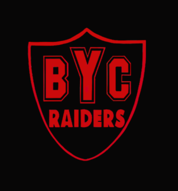Red shield logo with bold red letters “BYC” and “RAIDERS” on a black background