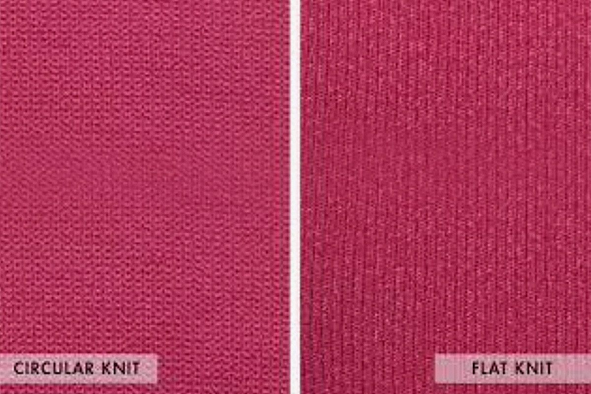 a close up of two different types of knit fabric, circular knit and flat knit