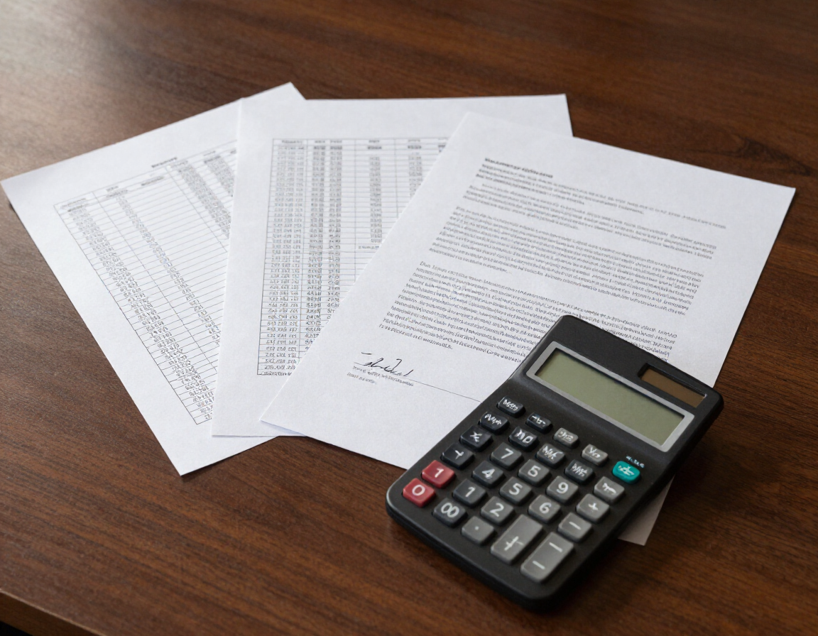 Una calculadora junto a varios documentos financieros impresos sobre un escritorio de madera.