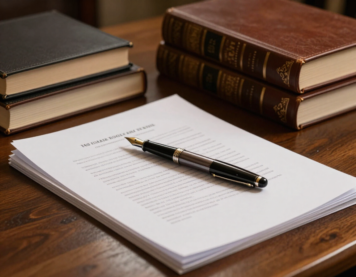 Un bolígrafo sobre una pila de papeles, junto a dos libros, en un escritorio de madera