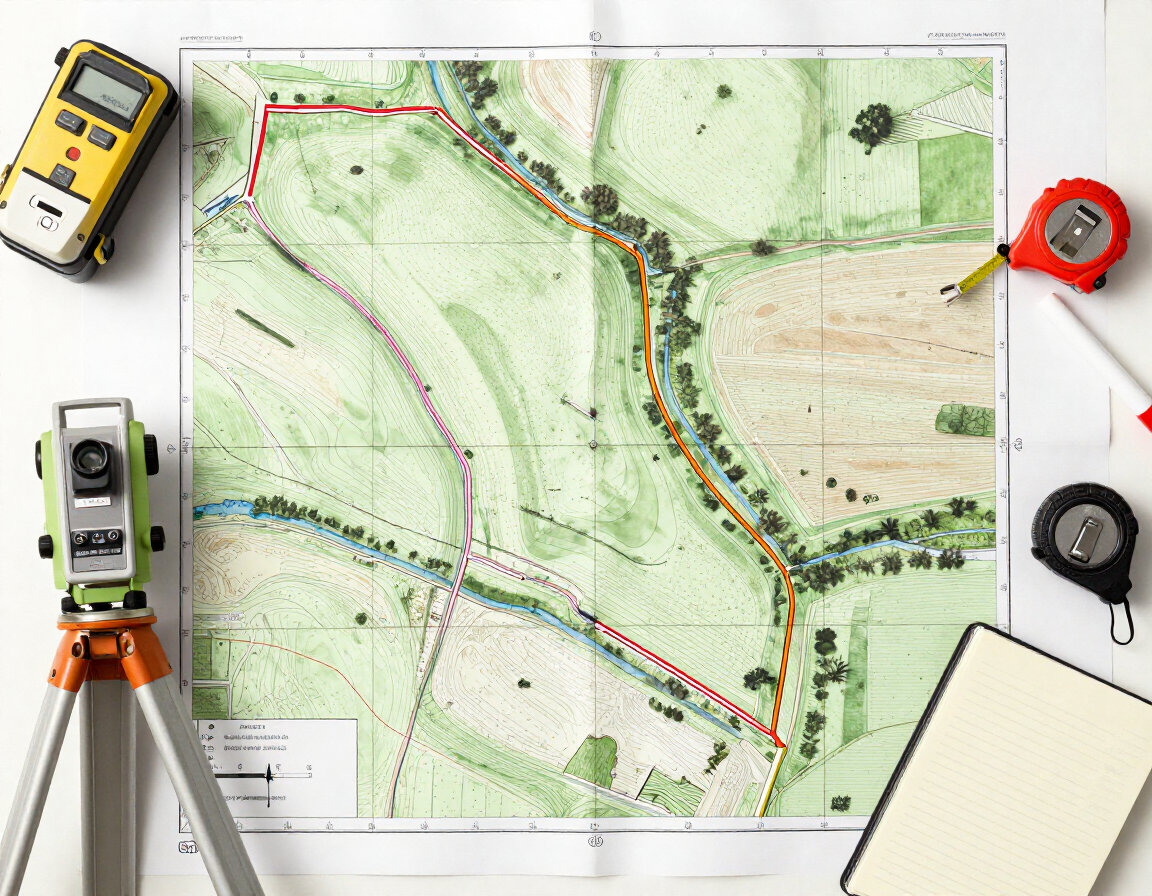 Mapa topográfico con una ruta marcada y herramientas topográficas y un cuaderno dispuestos a su alrededor.