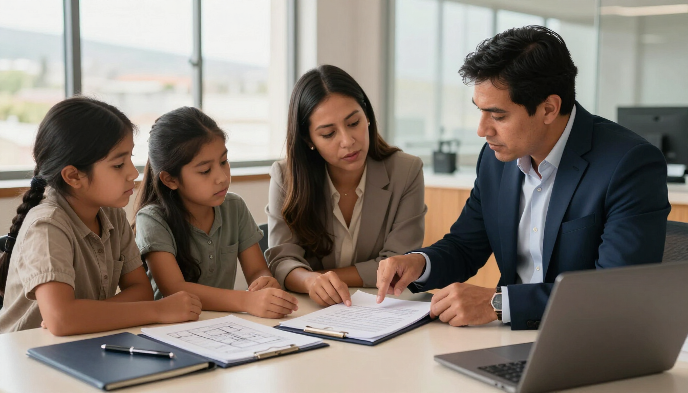 Un tutor ayudando a dos niños con sus deberes en una mesa, con un portátil y unos cuadernos cerca