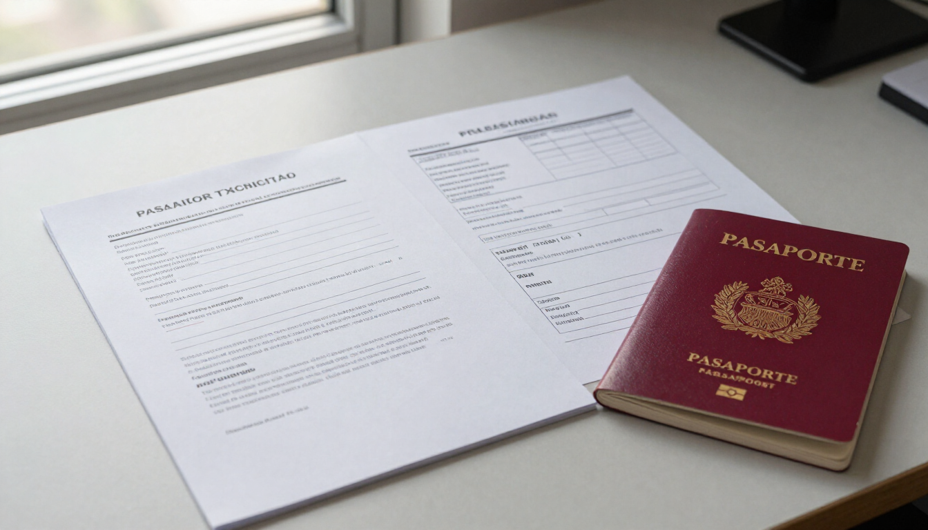 Pasaporte junto a un formulario impreso sobre un escritorio, con un bolígrafo y unos papeles al fondo