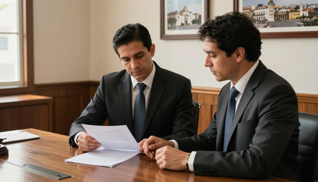 Dos hombres con traje revisan documentos en una mesa de madera en una oficina luminosa