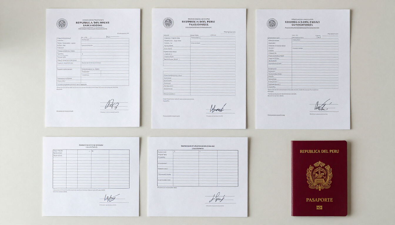 Seis formularios oficiales y un pasaporte rojo dispuestos sobre un fondo claro.
