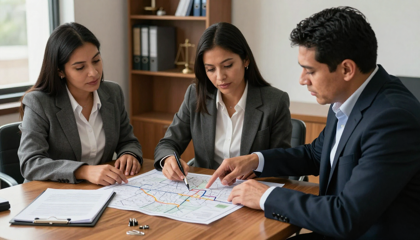 Tres compañeros de trabajo vestidos de traje revisan documentos y gráficos en una mesa de reuniones.