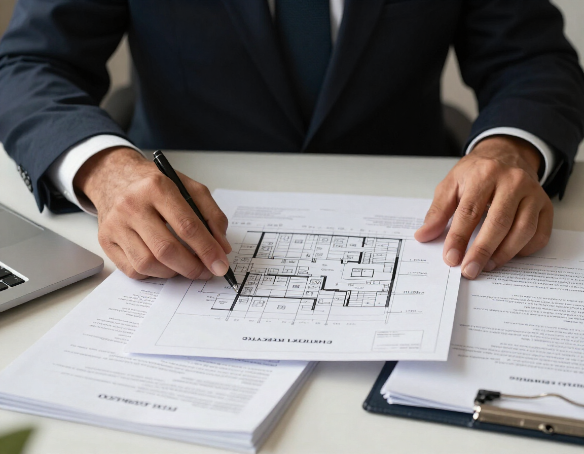 Manos señalando un plano arquitectónico sobre un escritorio, con documentos y un portátil cerca