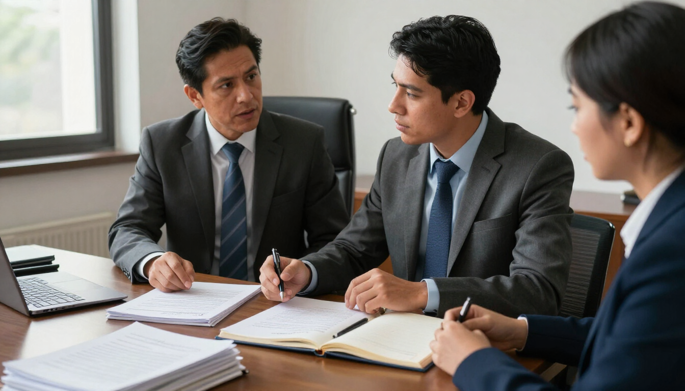 Tres colegas trajeados conversan sobre unos documentos alrededor de una mesa de reuniones en una oficina.