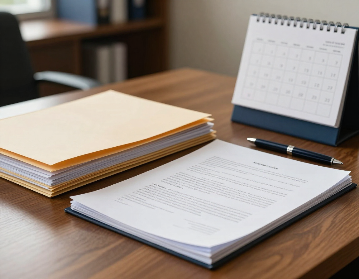 Escritorio con papeles apilados, un cuaderno abierto, un bolígrafo y un pequeño calendario de sobremesa en una oficina