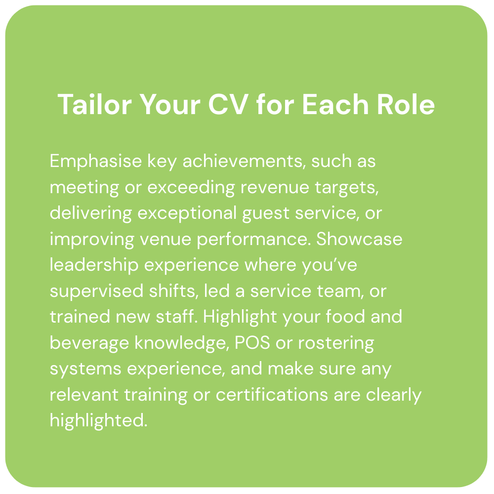 Green tip card titled “Tailor Your CV for Each Role” with white text about matching achievements and training to the job.