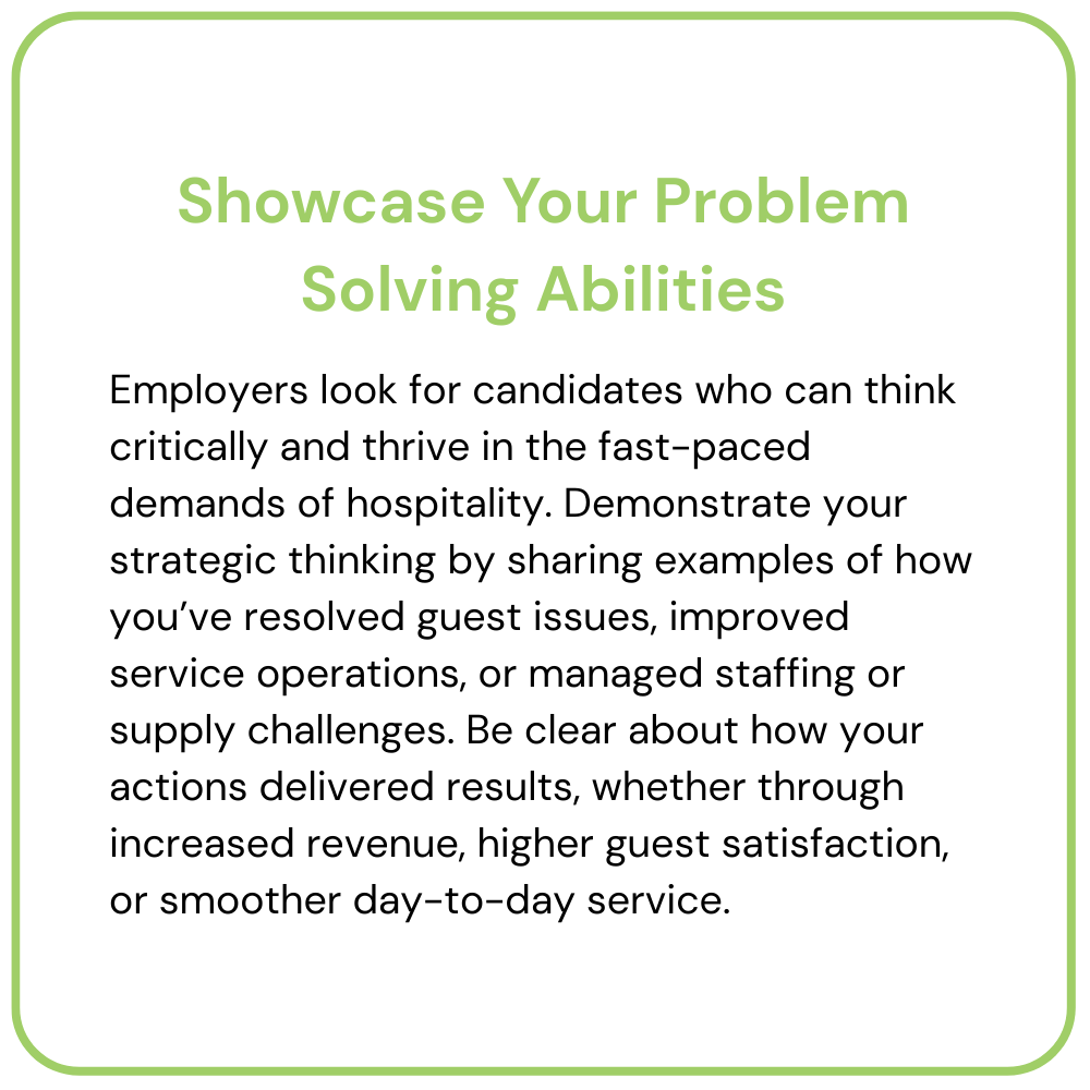 Green bordered text card: “Showcase Your Problem Solving Abilities” with hiring advice paragraphs.