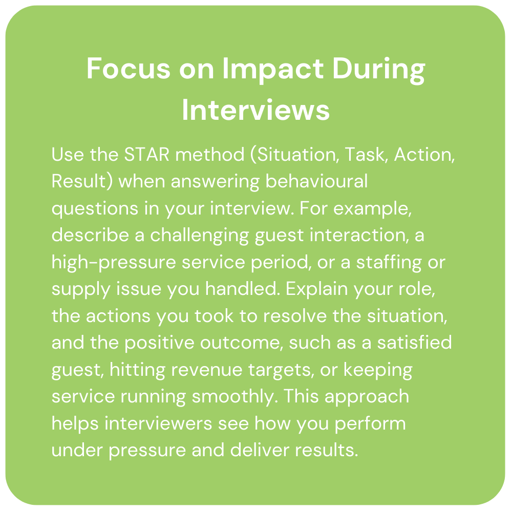Green card with white text titled “Focus on Impact During Interviews” about using the STAR method.