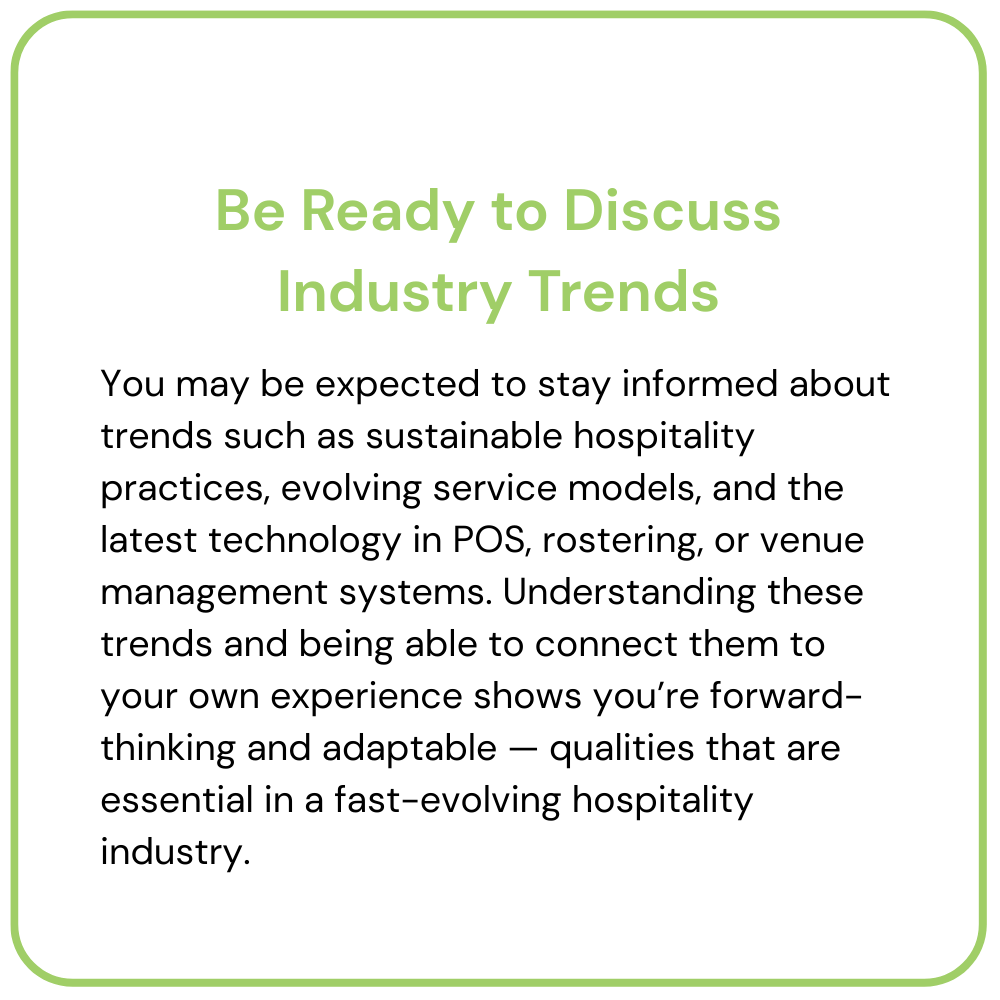 Green-bordered text card titled “Be Ready to Discuss Industry Trends” about hospitality trends.