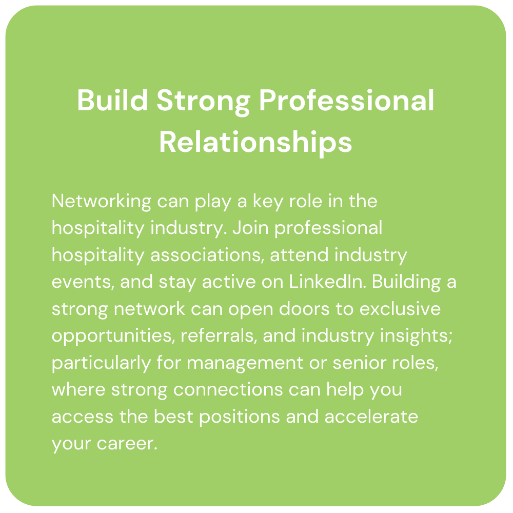 Green card with text: Build Strong Professional Relationships and networking advice for hospitality industry.