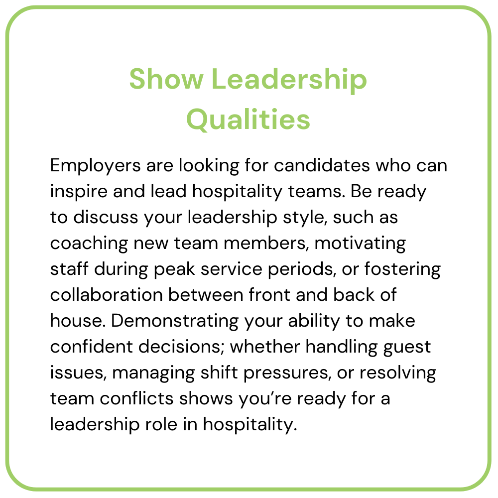 Green-bordered poster titled “Show Leadership Qualities” with text about hospitality leadership skills and teamwork.