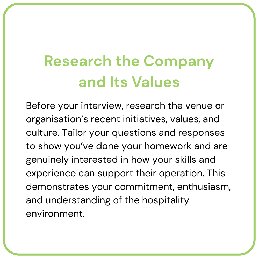 Green-bordered card with title “Research the Company and Its Values” and interview preparation guidance text.