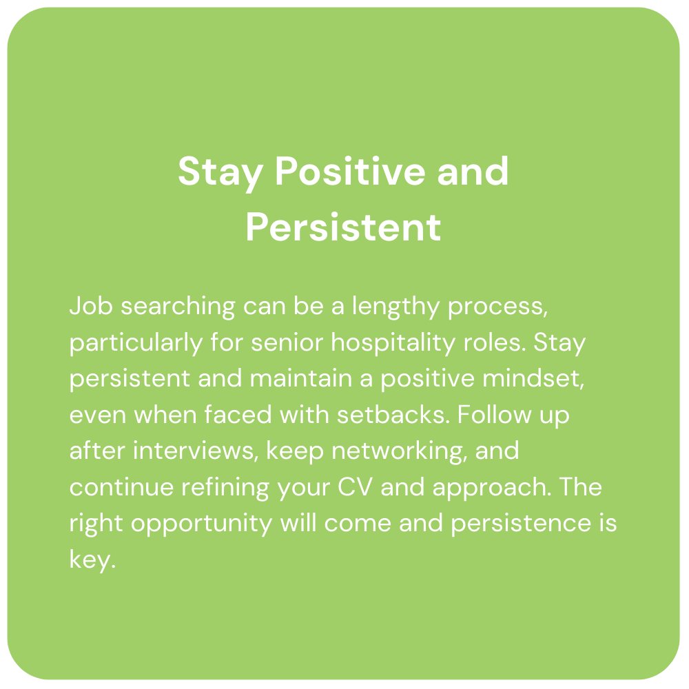 Green poster with white text: “Stay Positive and Persistent” and a short job-search encouragement message.