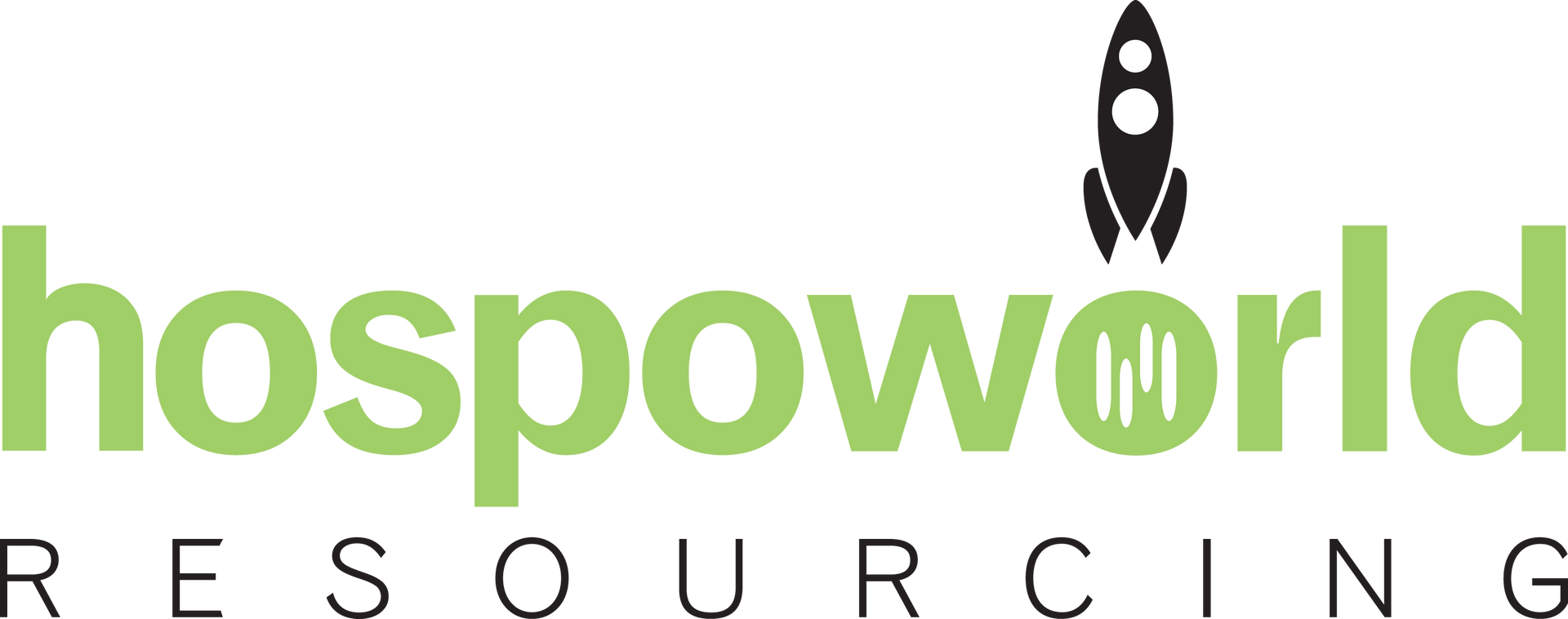 Hospoworld Resourcing logo with green text and a small black rocket icon