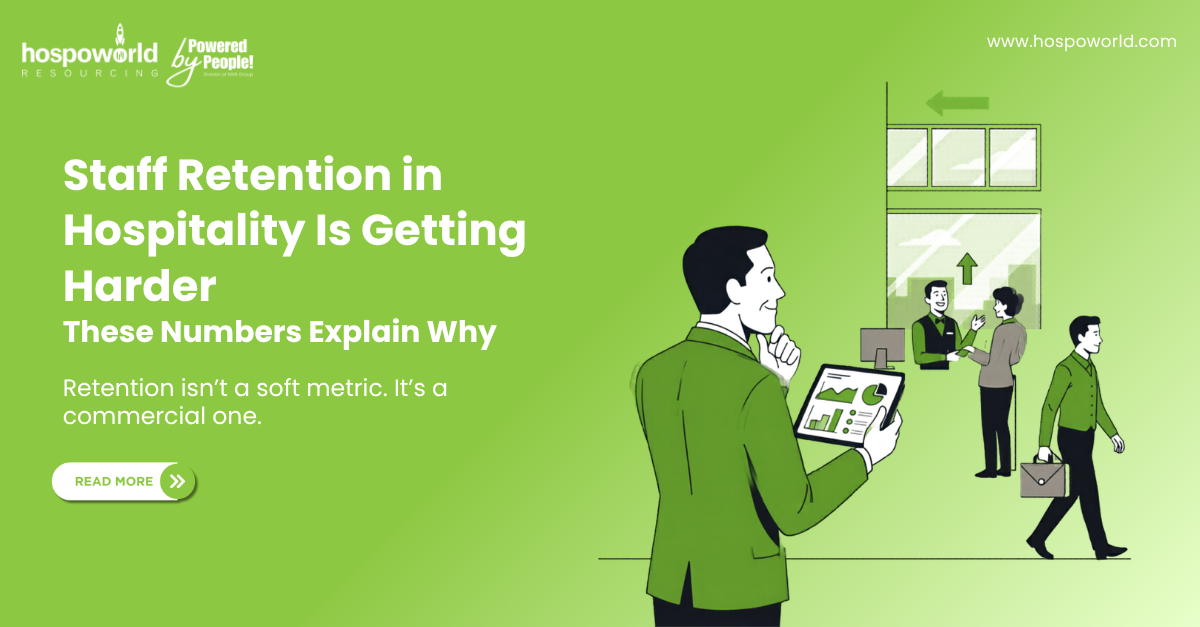 Green recruitment banner with staff illustrations and headline about improving staff retention