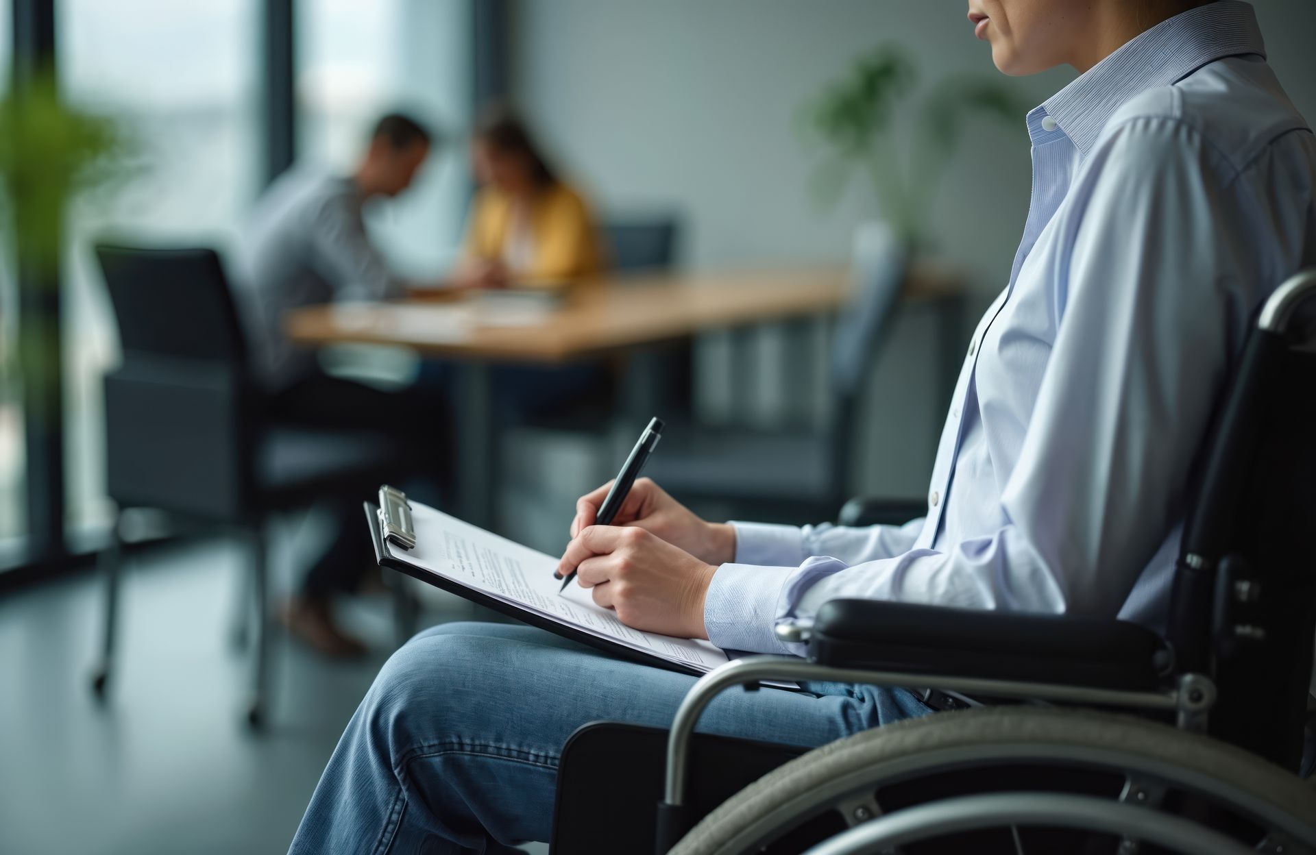 Person in wheelchair fills out form. Off screen couple discuss case at table. Legal aid, worker compensation, insurance claim, disability services.