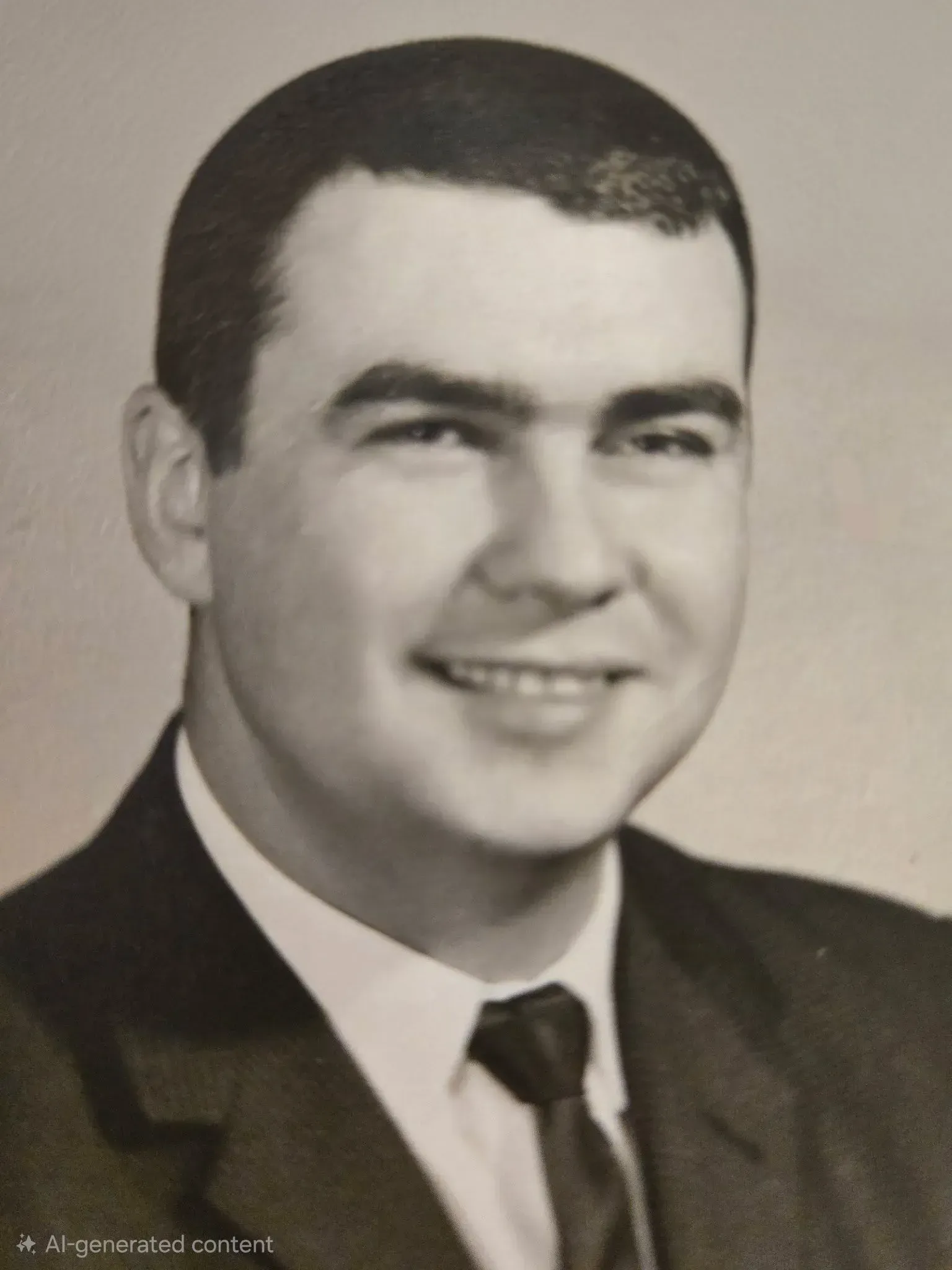 Studio portrait of a smiling man in a dark suit, white shirt, and tie against a plain background