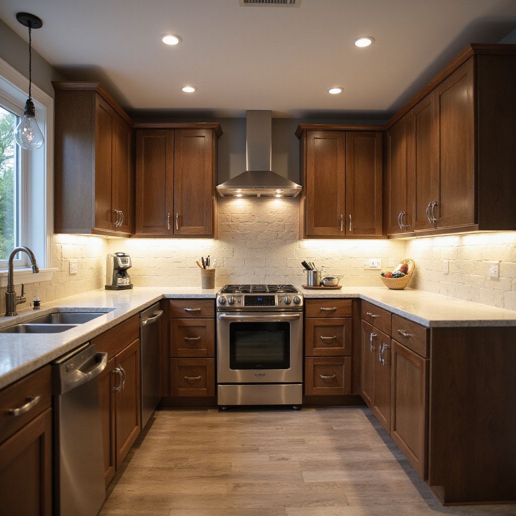 Modern kitchen with dark wood cabinets, stainless steel appliances, and warm recessed lighting