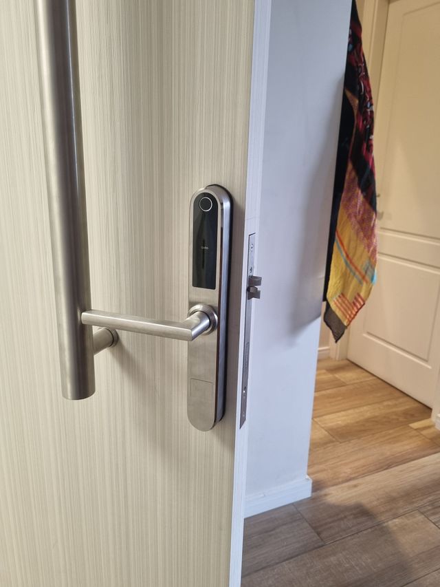 Primer plano de una manija y cerradura plateadas en una puerta blanca parcialmente abierta.