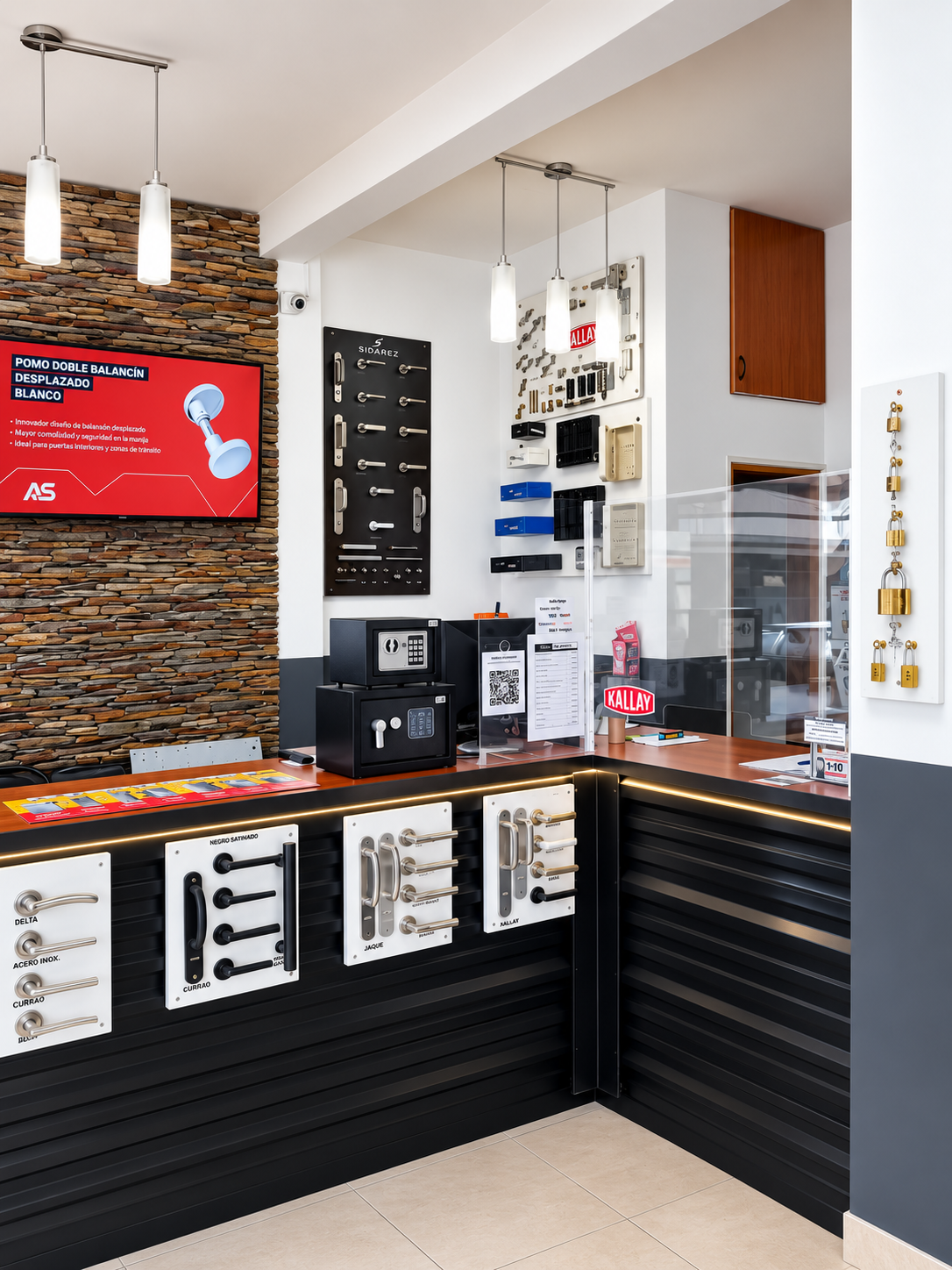 Mostrador negro de una tienda de accesorios para teléfonos con estantes de exhibición y productos empaquetados colgantes.