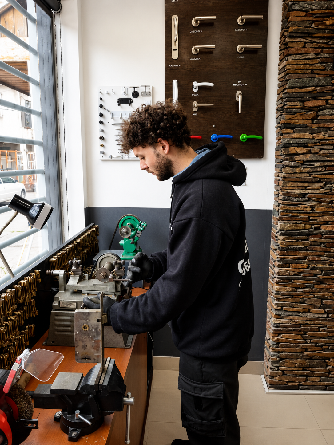 Persona trabajando en un banco desordenado en un taller, utilizando herramientas cerca de una ventana y una pared con paneles perforados.