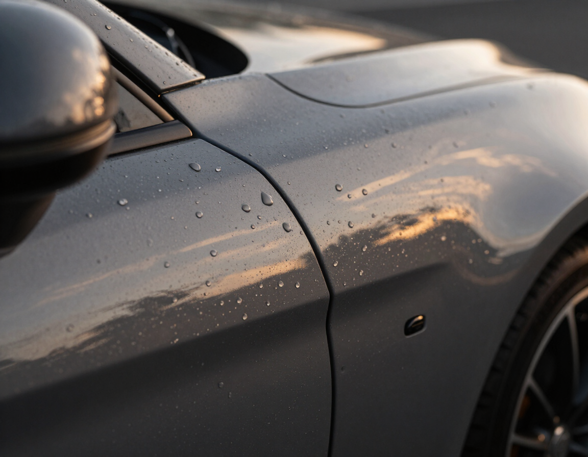 Close-up of ceramic-coated car panel with beading water, Auckland