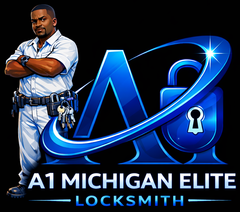 A1 Michigan Elite Locksmith, white text on a golden-brown background.