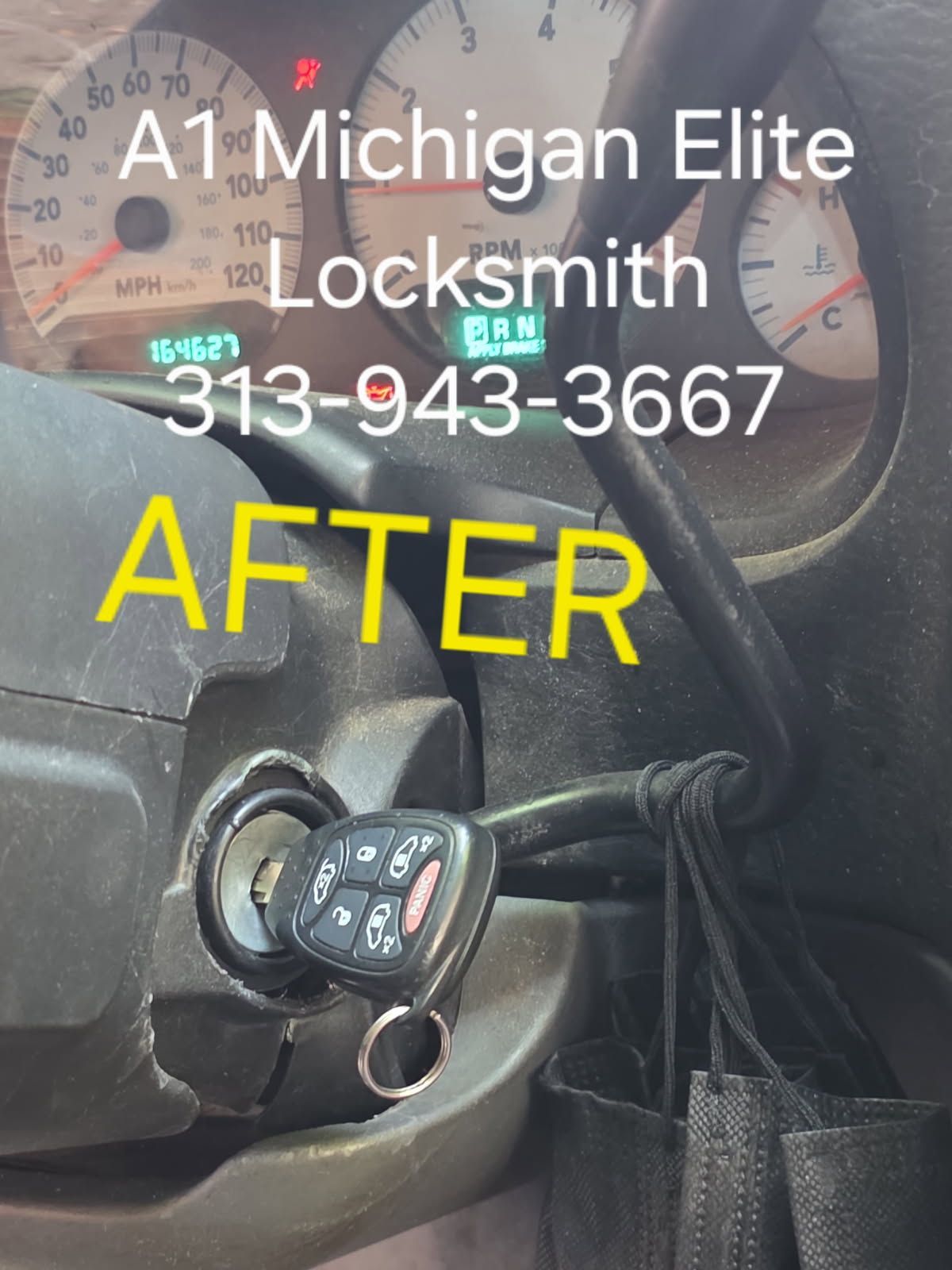 Car key in a vehicle ignition with overlay text: “A1 Michigan Elite locksmith 313-943-3667 AFTER”