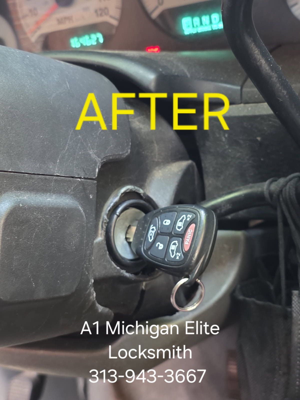 Car key in ignition with cracked steering column; text reads “AFTER” and “A1 Michigan Elite Locksmith”