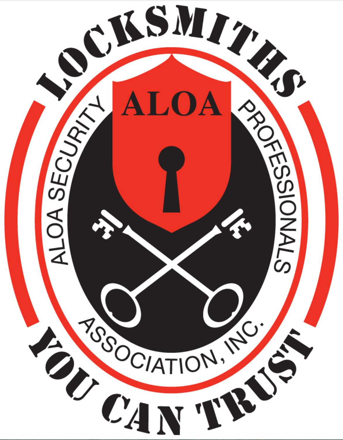 ALOA locksmiths association logo with crossed keys, red shield, and “You Can Trust” text