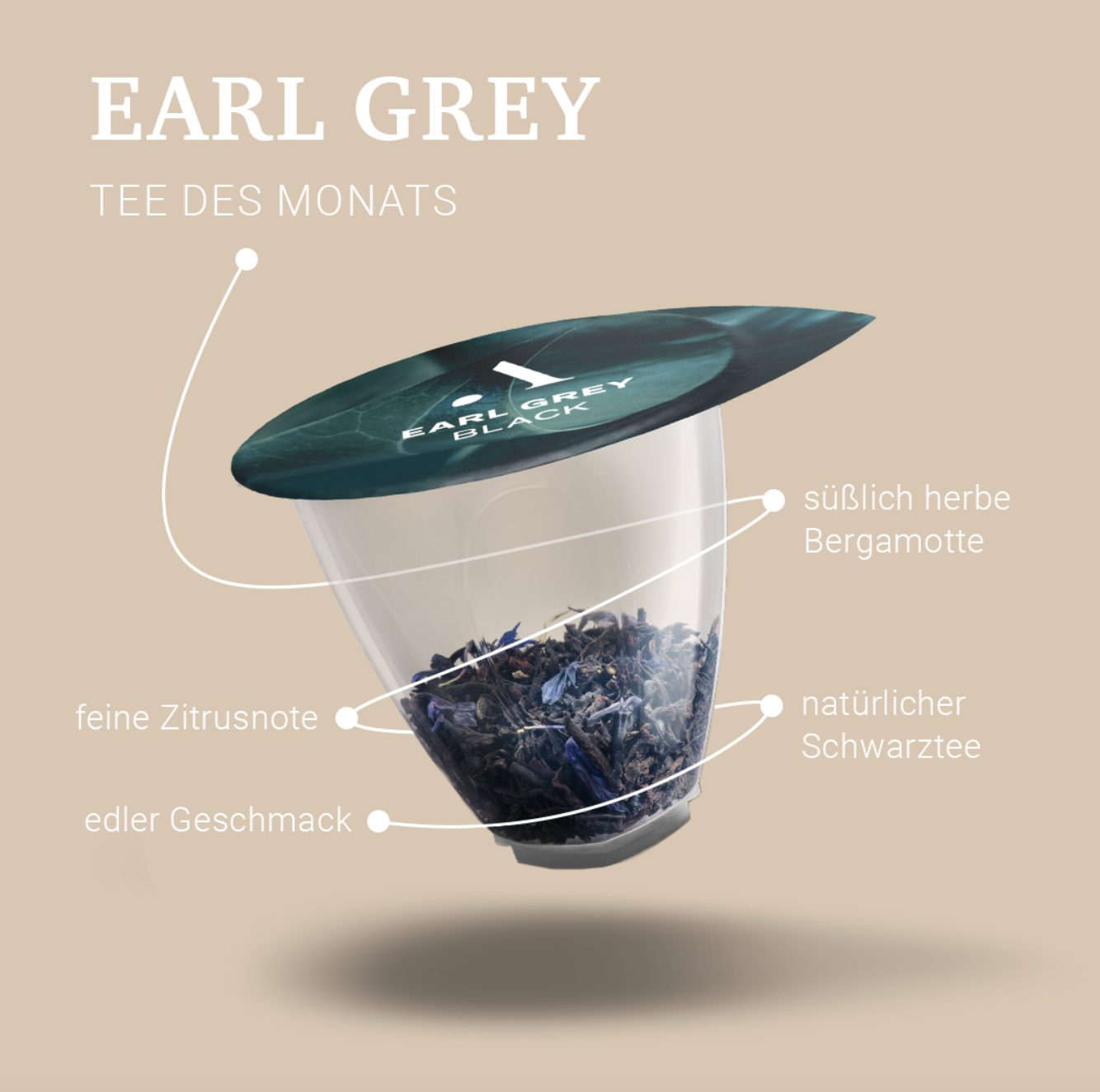 Earl Grey tea capsule, tan background. Black tea leaves in a clear cup. Text labels highlight citrus and bergamot notes. Food Stylist Nadine Page.