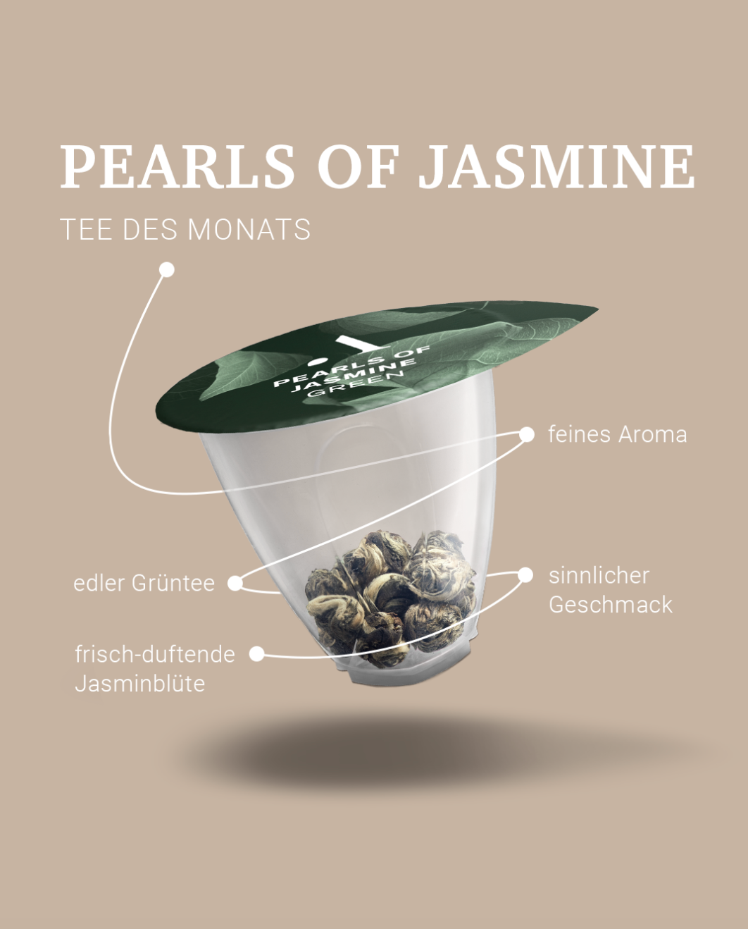 Green tea pod with jasmine pearls, labeled