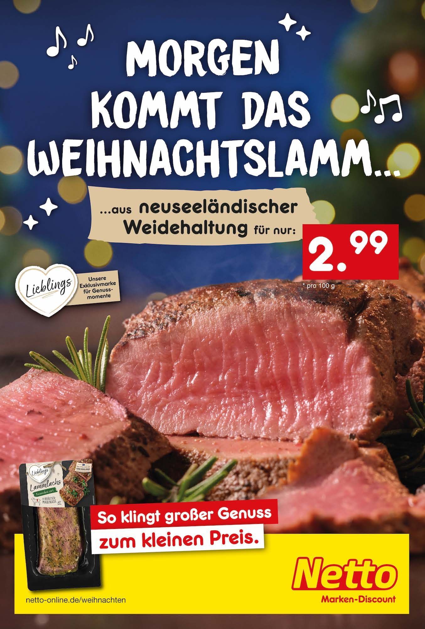 Netto advertisement: Roast lamb with text