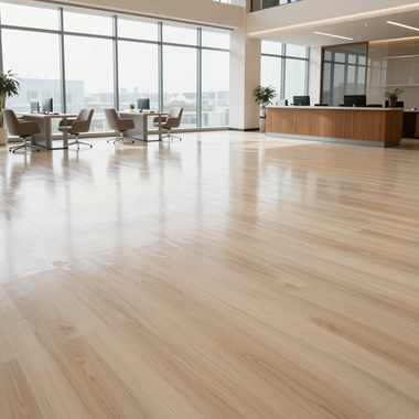 Modern empty lobby with large windows, light wood floors, lounge chairs, and a reception desk