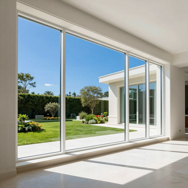 Bright living room with floor-to-ceiling glass doors opening to a sunny garden and patio