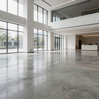 Bright, empty modern lobby with large windows, polished concrete floor, and a white reception desk