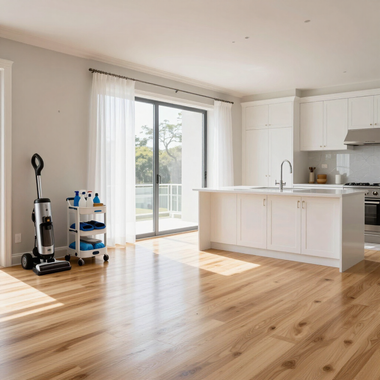 Bright modern kitchen with white cabinets, island, wood floors, and sliding glass doors to a patio.