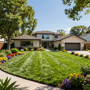 Suburban house with a manicured green lawn, flower beds, and trees under a clear blue sky