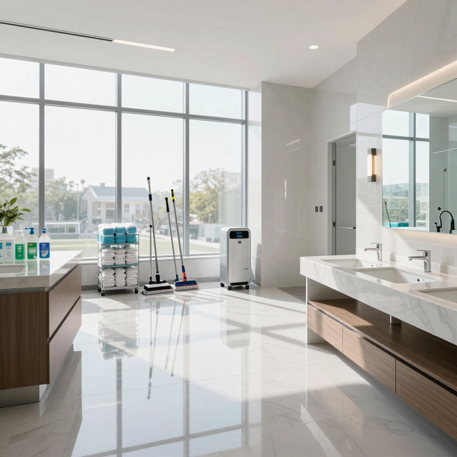 Bright modern bathroom with large windows, double sink vanity, mop bucket, and cleaning tools on glossy floor