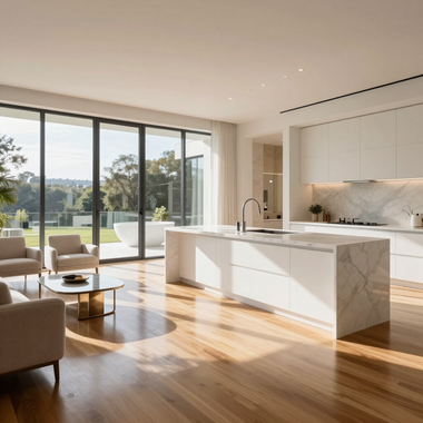 Bright modern kitchen and living room with wood floors, white island, and large glass doors opening to a patio.