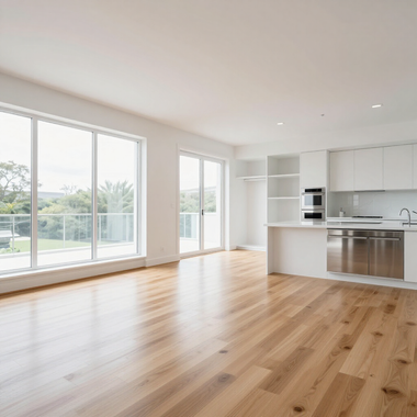 Bright empty modern living room with wood floors, large windows, and an open white kitchen