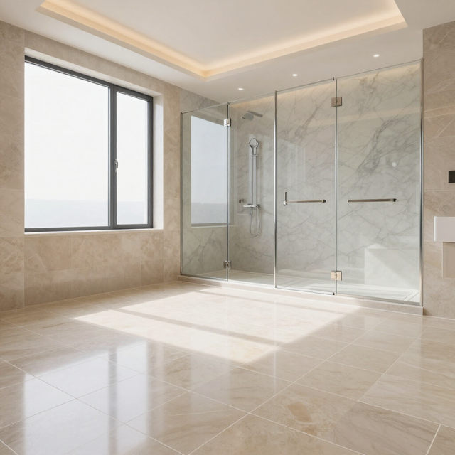 Bright empty bathroom with large windows, marble tile, and glass shower doors
