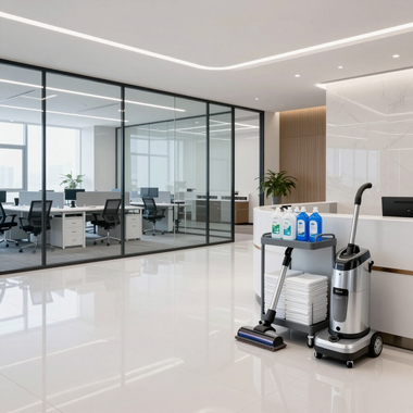Modern office lobby with glass-walled workspaces and a cleaning cart on glossy white floors