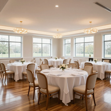 Elegant dining room with round white-clothed tables, beige chairs, wood floors, and large windows